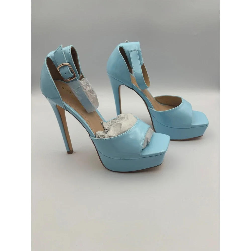 Kayleen by‎ Los Angeles Amalea-1 Light Blue Patent Platform Ankle Strap Heels 6